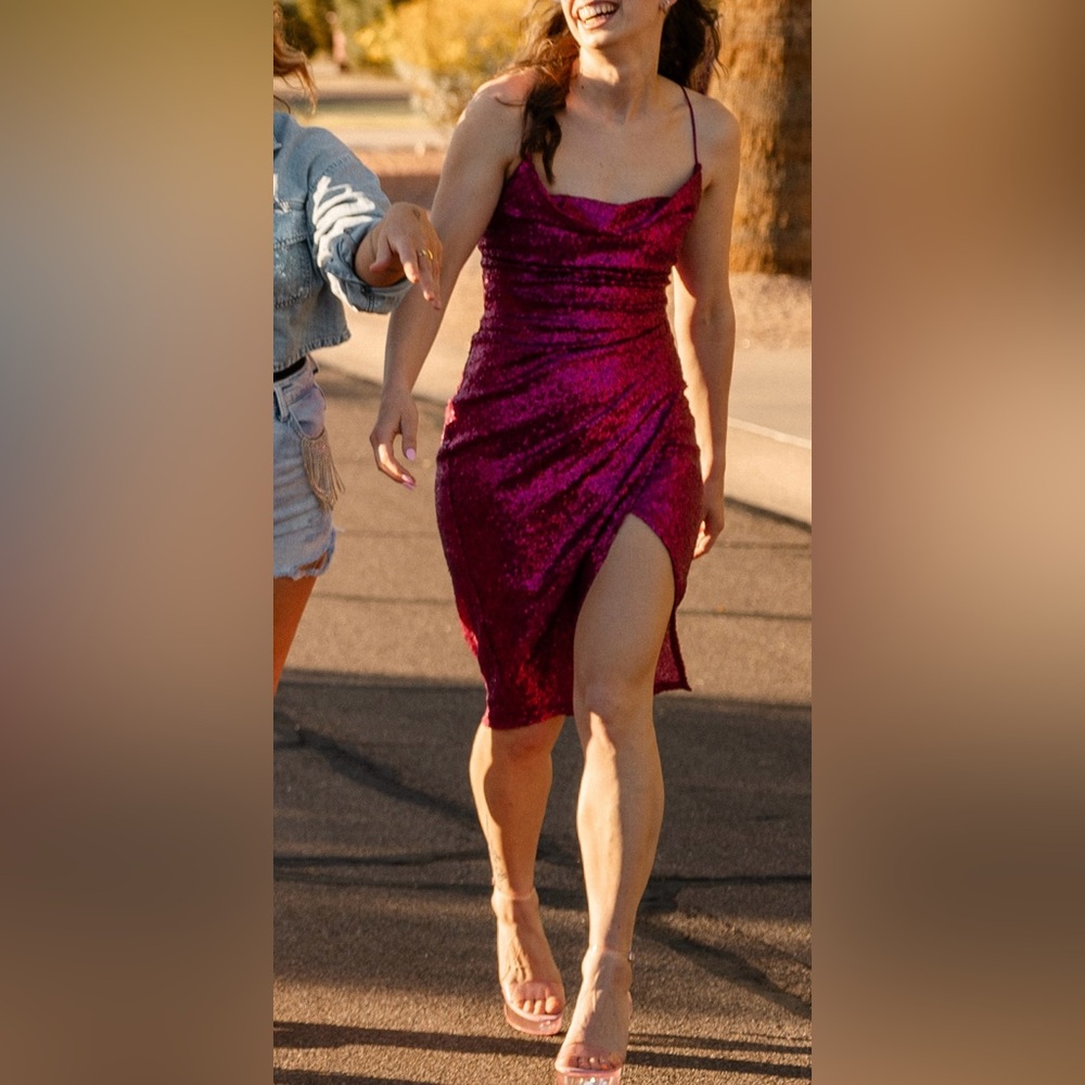 Saints & Secrets Hot Pink Full Sequins Cowl Neck Spaghetti Strap Mini Dress